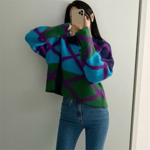 カジュアル レトロ ニット生地 配色 プルオーバー セーター カットソー【大きいサイズ レディース 秋冬 きれいめ 可愛い かわいい チュニック tops】