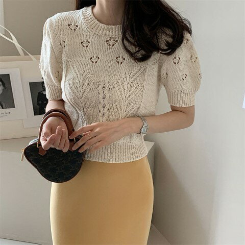 カジュアル レトロ 合わせやすい ニット生地 プルオーバー 短袖 セーター カットソー【大きいサイズ レディース 秋冬 きれいめ 可愛い かわいい チュニック tops】