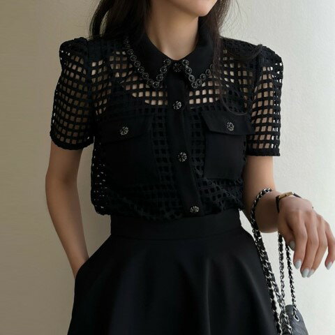 レトロ ビーズ パフスリーブ チェック柄 ミニ丈 シャツ ブラウス【大きいサイズ レディース 春夏 チュニック フォーマル オフィス ボウタイ シフォン シャツ インナー blouse】