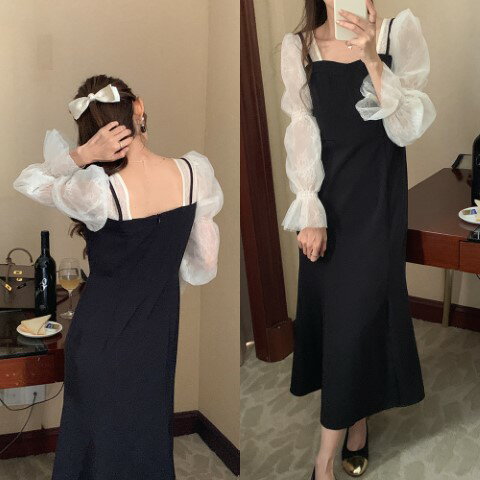 韓国風 ロング 長袖 ワンピース スプライス【大きいサイズ レディース 夏秋 結婚式 きれいめ タイト フォーマル 大人 上品 チュニック one-piece】 韓国風 ロング 長袖 ワンピース スプライス【大きいサイズ レディース 夏秋 結婚式 きれいめ タイト フォーマル 大人 上品 チュニック one-piece】