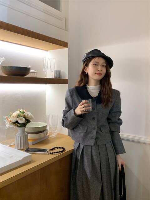 シャツコート+ショートスカート セット 韓国系 エレガント系【大きいサイズ レディース 秋冬 フレア スウェット パンツ レギンス スカーチョ スキニー レギン...