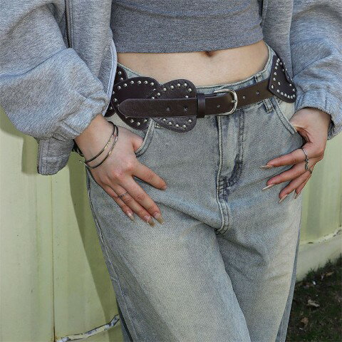 ベルト おしゃれ パンク ハートリベット ニードルバックルベルト【レディース 本革 太 バックル ゴム ..