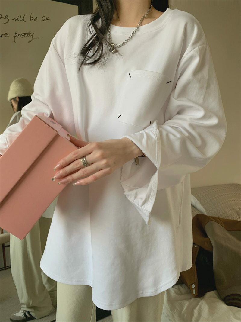 ゆったり 長袖 裏起毛 韓国風 Tシャツ【大きいサイズ レディース 冬春 チュニック フォーマル オフィス ボウタイ シフォン シャツ インナー blouse】のサムネイル