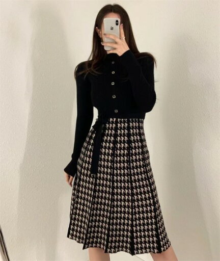 ニット生地 千鳥格子 ニットワンピース【大きいサイズ レディース 春夏 結婚式 きれいめ タイト フォーマル 大人 上品 チュニック one-piece】 ニット生地 千鳥格子 ニットワンピース【大きいサイズ レディース 春夏 結婚式 きれいめ タイト フォーマル 大人 上品 チュニック one-piece】