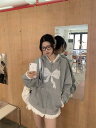 韓国系 カジュアル系 アウター 長袖 リボン おしゃれ パーカー【大きいサイズ レディース パーカー 無地 夏秋 チュニック 薄手 スウェット シャツ ブラウス pullover parker】