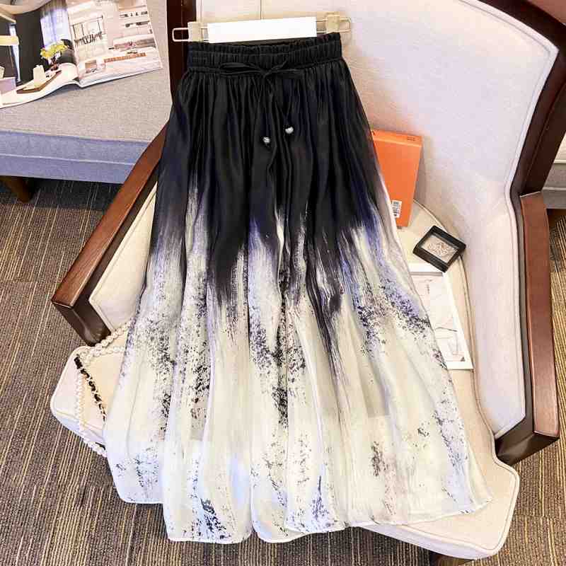 上品感水墨画 オーガンジースカート 超ボリューム感【大きいサイズ レディース 春夏 フレア スウェット パンツ レギンス スカーチョ スキニー レギンス ミモレ丈 skirt】