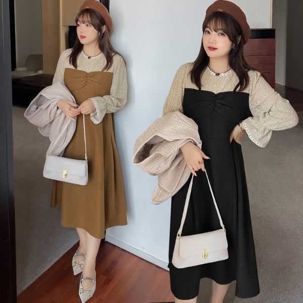 2L〜6L大きいサイズ 胸元ギャザ入り ハイウエスト バイカラーレース切替 重ね着風ワンピース【大きいサイズ レディース 夏秋 結婚式 きれいめ タイト フォーマル 大人 上品 チュニック one-piece】
