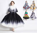 配色ボリューム感プリーツロングワンピース【大きいサイズ レディース 春夏 結婚式 きれいめ タイト フォーマル 大人 上品 チュニック one-piece】(4)