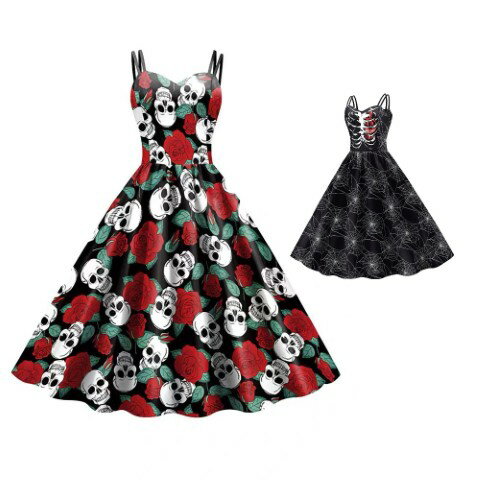 花柄 髑髏 ドクロ スカル プリント コスプレ ハロウィン衣装 ワンピース【大きいサイズ レディース 秋..