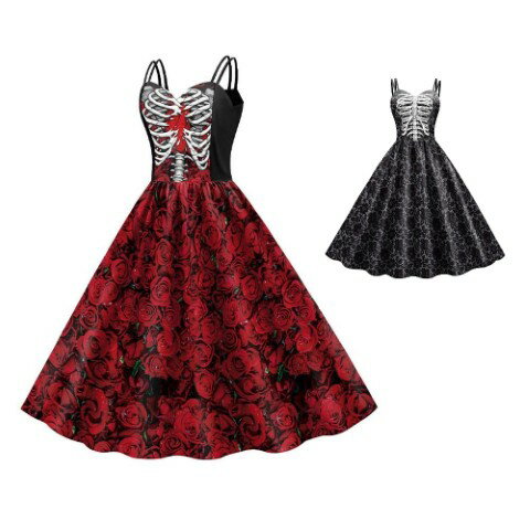花柄 スカル プリント コスプレ ハロウィン衣装 ワンピース【大きいサイズ レディース 秋冬 結婚式 き..