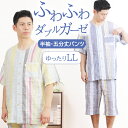 【夏SALE★20%OFF】【クーポン対象】\ふわふわガーゼ/パジャマ メンズ【LLサイズ】半袖 五分丈パンツ 先染 二重ガーゼ シャーリング ストライプ 綿 ...