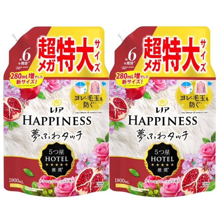 【2個セット】レノア ハピネス 夢ふわタッチ 柔軟剤 ザクロ＆フローラル 詰め替え 1,900mL　大容量　栃木倉庫