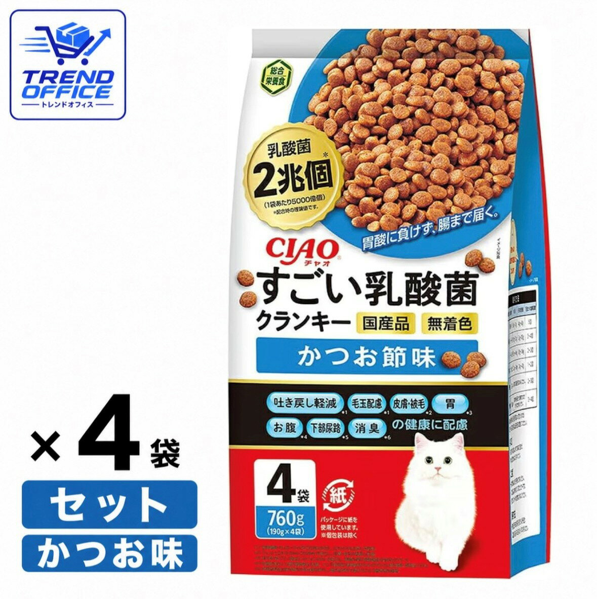乐天商城 - 4袋セット いなば チャオ (CIAO) すごい乳酸菌 クランキー かつお節味 1袋760g(190g×4パック入) 猫用ドライフード 福岡第一倉庫