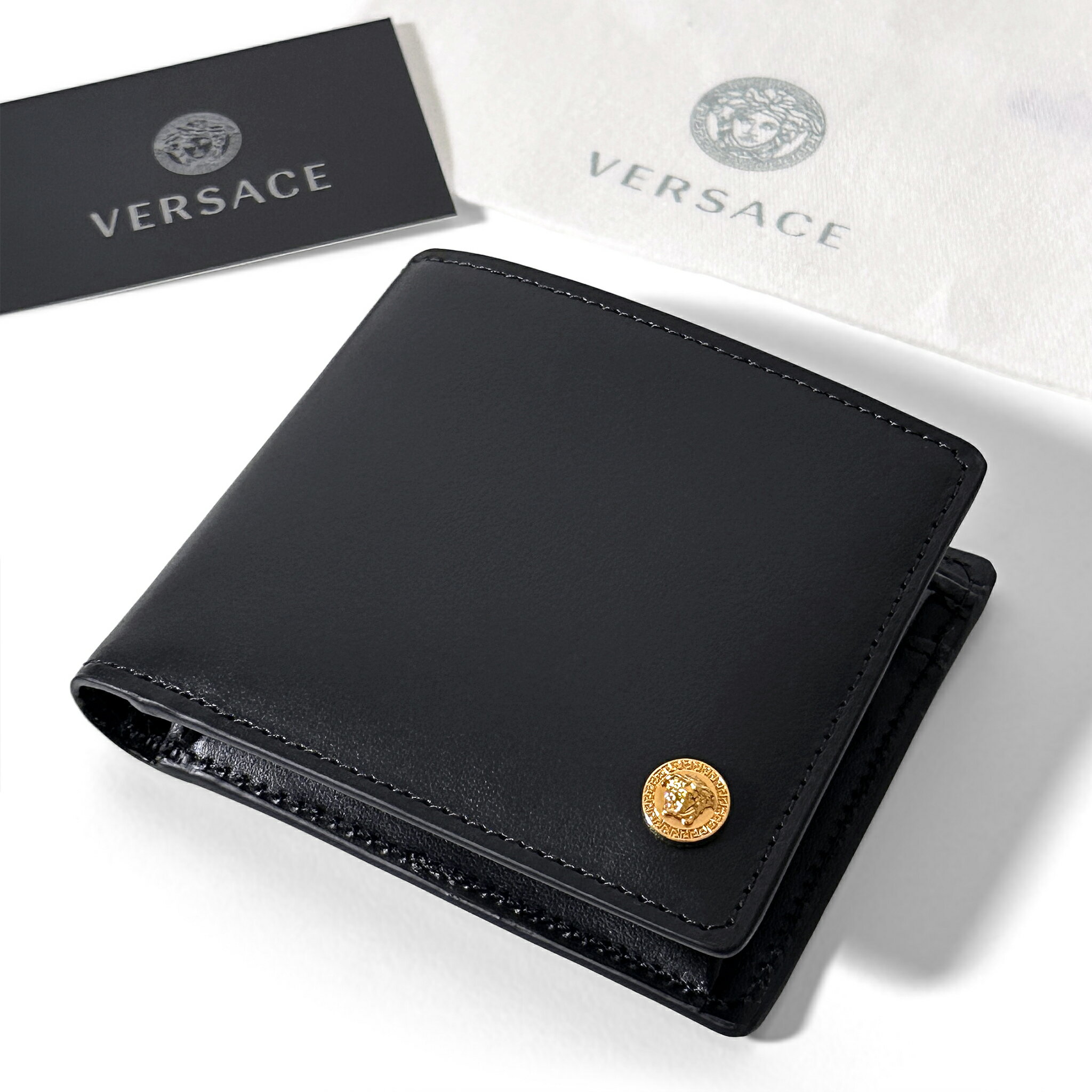 ヴェルサーチェ VERSACE 小銭入れ付き 二つ折り財布 カーフレザー ヴェルサーチ ブラック メデューサ ロゴ入り 黒 メンズ 男女兼用 1006117 【返品送料無料】 【ラッピング無料】