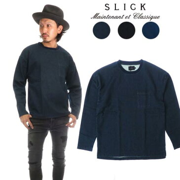スリック SLICK ジャージデニム プルオーバー カットソー 長袖 ポケットロンT インディゴ ゆったり サイドスリット 5165223