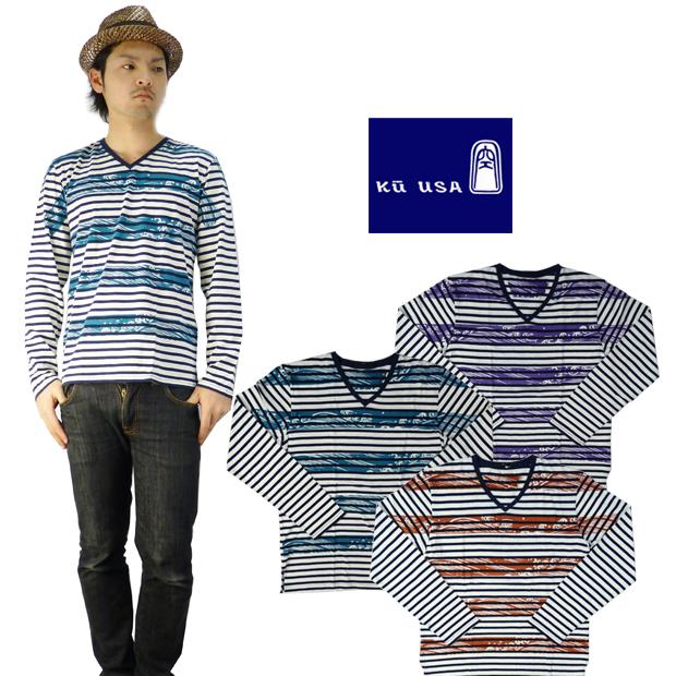 KU 空 クウ和柄ボーダーVネックカットソー