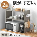 パンチングパネル付 伸縮 レンジラック 2段タイプ ペーパーホルダー&フック付 レンジ上 ラック キッチンラック レンジ棚 キッチン収納 トースターラック 電子レンジ台 キッチンカウンター上収納 キッチン用品 おしゃれ シンプル 北欧 2段