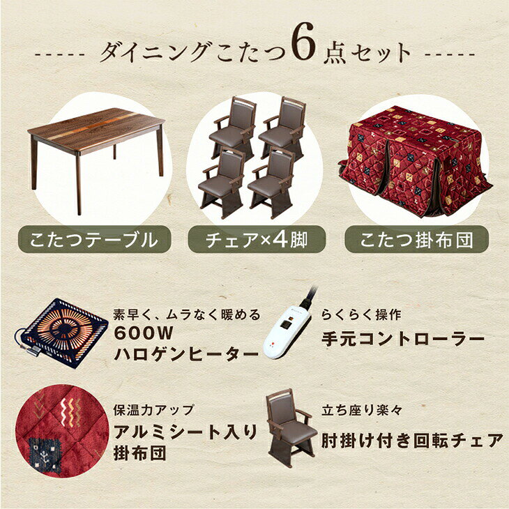 速暖2秒 600Wハロゲン 天然木突板 ダイニングこたつ セット 4人用 135×85 150×90 ...
