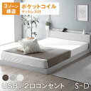 【正午~5%OFFクーポン】 3ゾーン構造 マットレス付き ローベッド USB + 2口コンセント付き宮棚 マットレス付 シングルベッド セミダブルベッド ダブ...