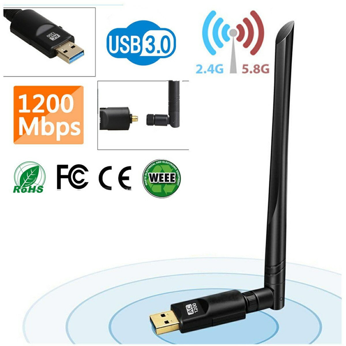 高速無線LAN AC1200 WiFiアダプター 子機 USB3.0 外部アンテナ 無線LAN子機 ハイパワー 11ac/n/a/g/b 2.4G 300Mbps + 5.8G 867Mbps