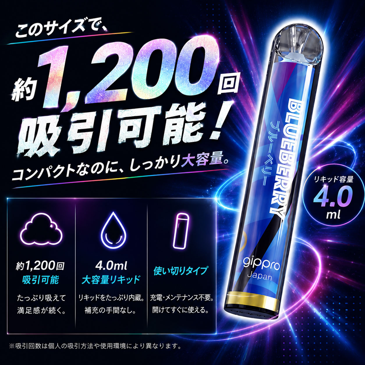 【20％OFFクーポン対象】電子タバコ タール ニコチン0 VAPE ベイプ 電子タバコ 使い捨て シーシャ 持ち運び スターターキット 本体 gippro Blingbling 持ち運びシーシャ 水蒸気 おすすめ シーシャ ニコパフ フレーバー 禁煙 パイポ 禁煙グッズ 水タバコ east1-10000011 EAST健康館 サンプル画像2