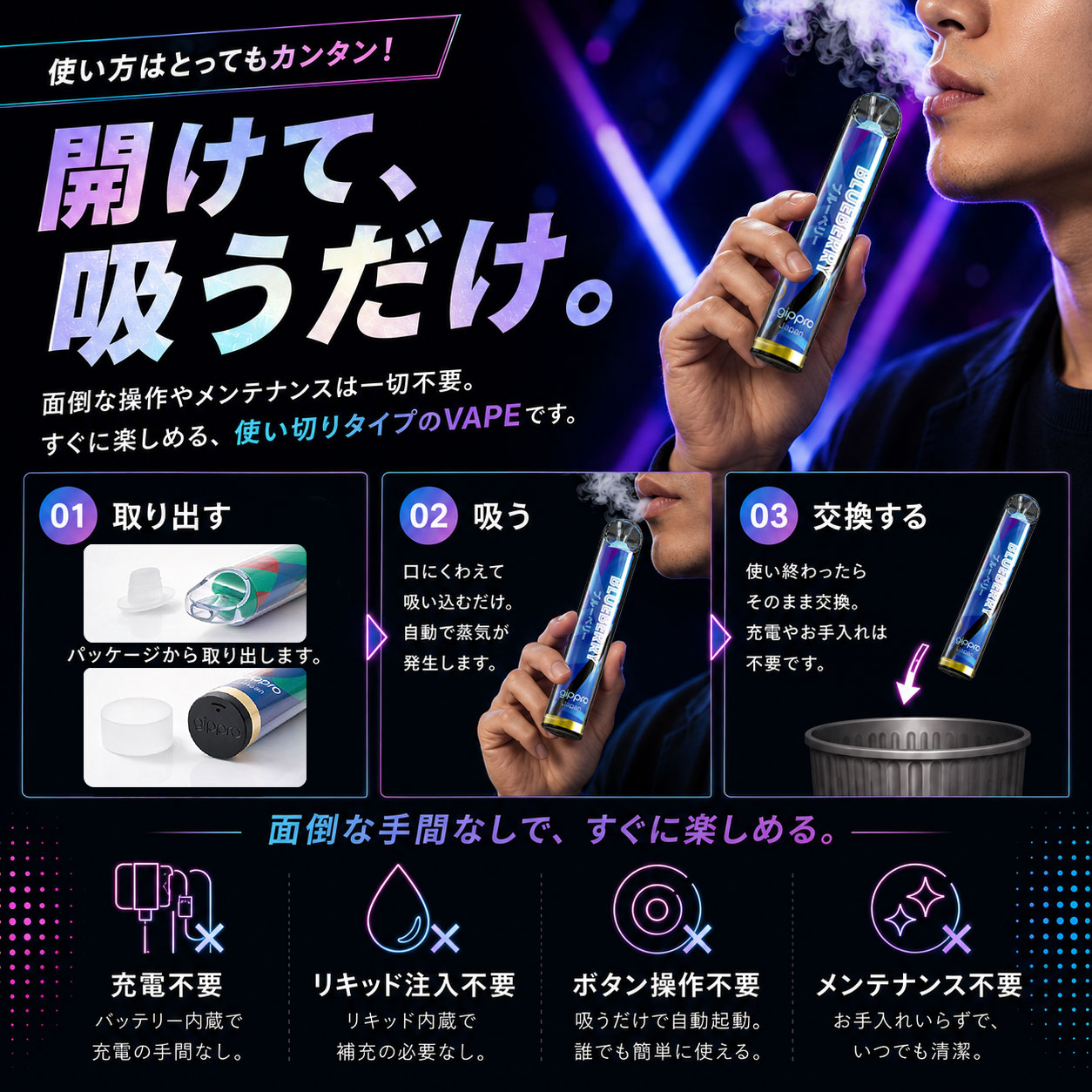 【20％OFFクーポン対象】電子タバコ タール ニコチン0 VAPE ベイプ 電子タバコ 使い捨て シーシャ 持ち運び スターターキット 本体 gippro Blingbling 持ち運びシーシャ 水蒸気 おすすめ シーシャ ニコパフ フレーバー 禁煙 パイポ 禁煙グッズ 水タバコ east1-10000011 EAST健康館 サンプル画像3