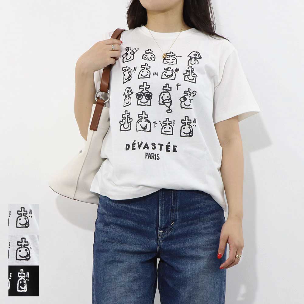 【新品】 デヴァステ DEVASTEE トップス Tシャツ・カットソー レディース ブラック グレー アイボリー コットン ロゴ プリント キャラ..