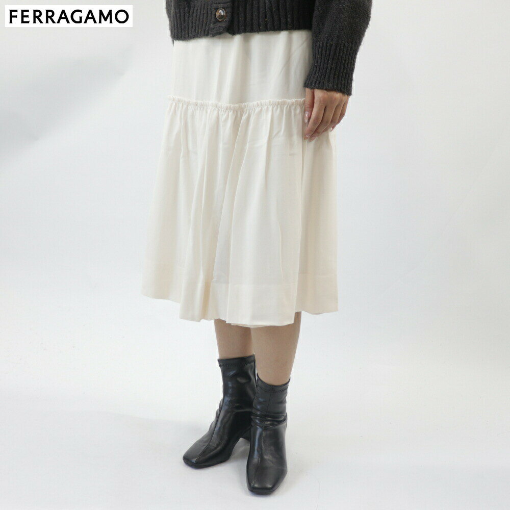 ＼お買い物マラソン／【新品】 フェラガモ FERRAGAMO 13G108 737802 CREAM FERRAGAMO スカート フレアスカート 切り替え ホワイト系 シルク レディース