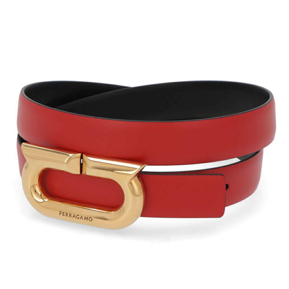 【新品】フェラガモ FERRAGAMO 雑貨 ベルト ユニセックス リバーシブルベルト レッド カーフレザー ダブル・ガンチーニ サイズカット ロゴ付き 調節可能 ゴールド金具 230280 764437