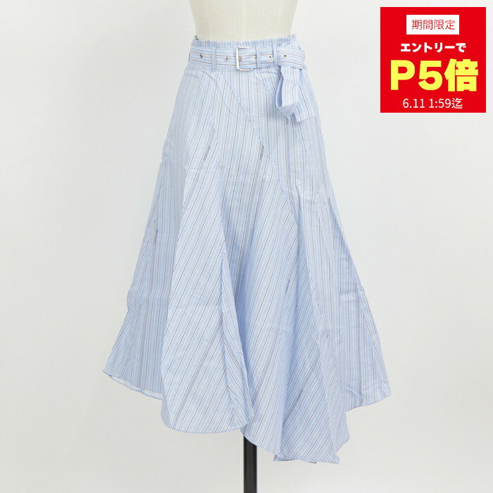  ジェイダブリューアンダーソン JW ANDERSON フレアスカート SK0010 PG0136 ASYMMETRIC BELTED PANELLED SKIRT レディース ライトブルー アシンメトリー ストライプ ロゴ 薄手 ベルト付き