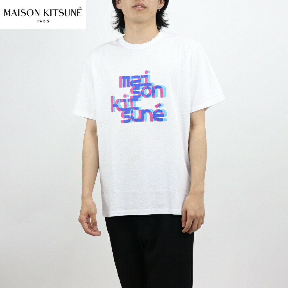 【週末限定SALE】＼P5倍 27日1:59迄／【新品】 メゾン キツネ MAISON KITSUNE HM00140KJ0008 P100 MEN ホワイト ネオン タイポ クラッシック Tシャツ ホワイト マルチカラー クルーネック 半袖 プリント ロゴ コットン メンズ トップス 白 ブランド