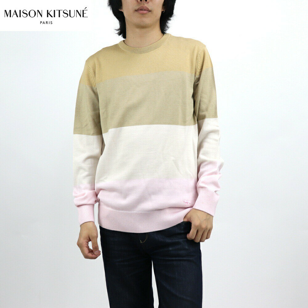 ＼ポイント5倍 9日20時～／【新品】 メゾン キツネ MAISON KITSUNE IU00507KT1036 S260 UNISEX STRIPES REGULAR R-NECK PULLOVER ニット セーター CAMELSTRIPES キャメル ベージュ系 ライトピンク ユニセックス