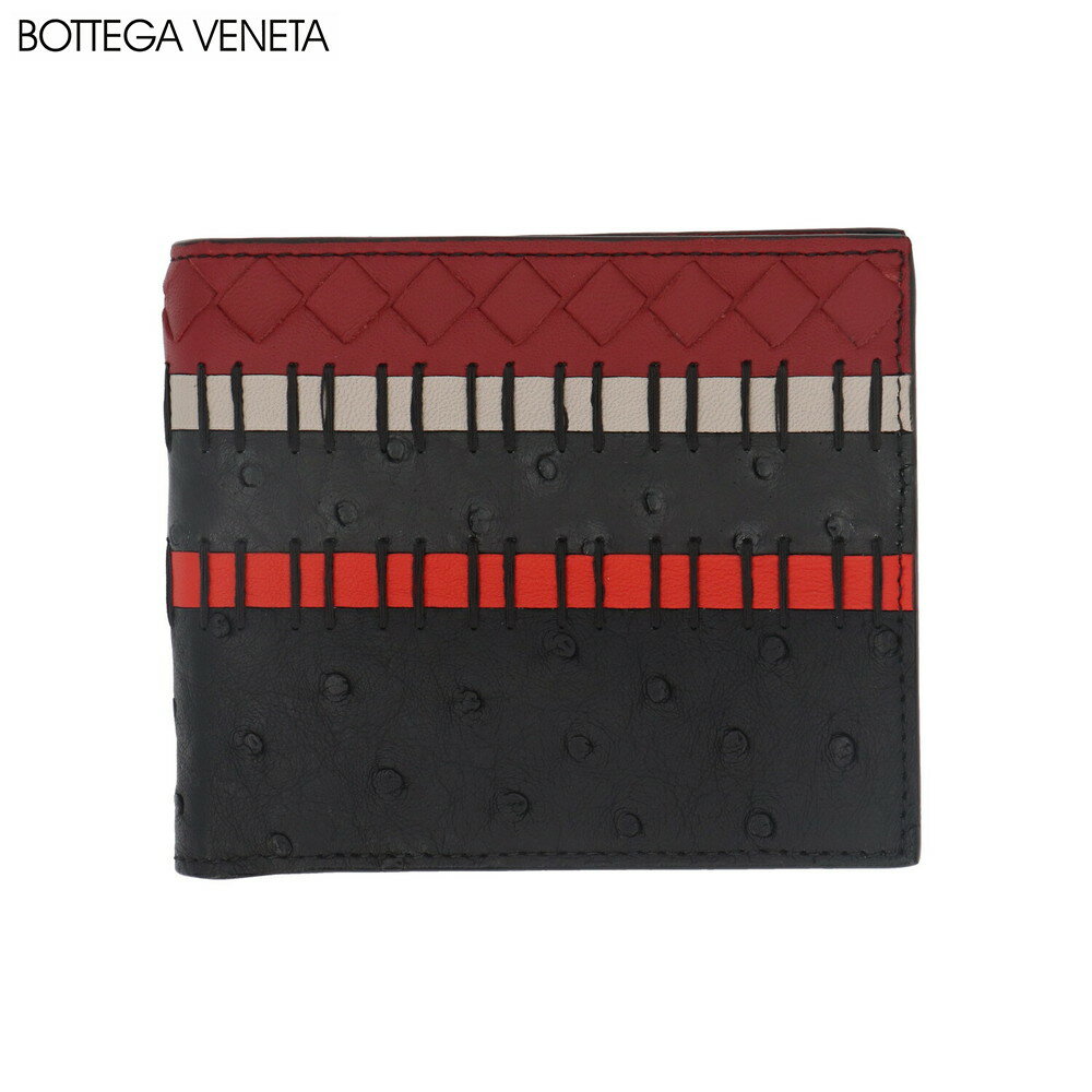 ボッテガ・ヴェネタ 二つ折り財布（メンズ） 【新品】 ボッテガ ヴェネタ BOTTEGA VENETA 財布 二つ折り財布 小銭入れなし 113993 VBOD18540 オーストリッチ イントレチャート メンズ ブラック コンパクト カードポケット 多め 8個