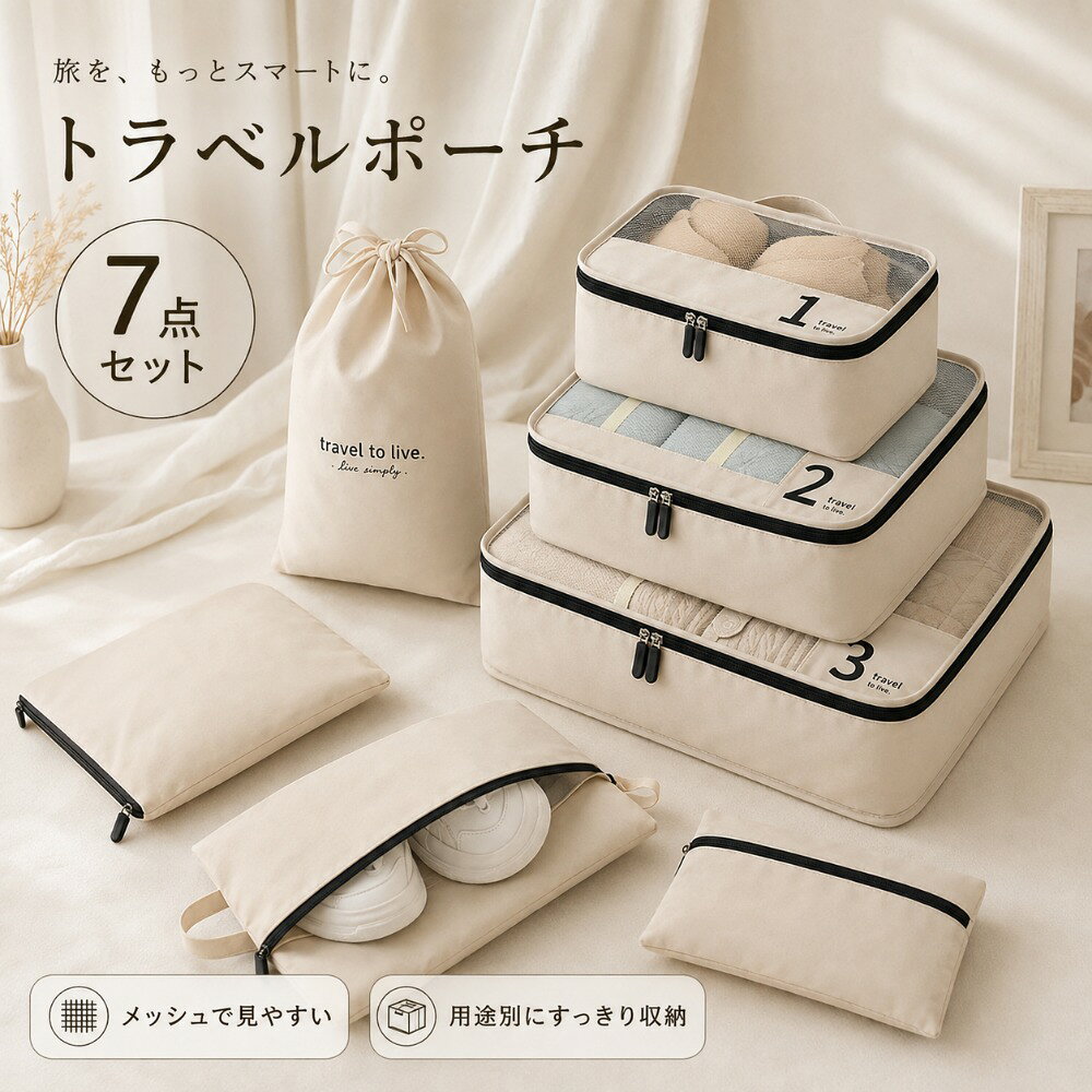 商品情報商品名トラベルポーチ 7点セットセット内容衣類ポーチL、衣類ポーチM、下着ポーチ、洗面用ポーチ、小物ポーチ、巾着ポーチ、シューズバッグカラーホワイト、ベージュ、ブラック、グレーおすすめのスーツケース24インチ以上のスーツケースにおすすめ用途別収納衣類、下着、靴、洗面用品、充電ケーブルなどを用途別に仕分けできます。荷物が混ざりにくく、必要なものをスムーズに取り出せます。3サイズの収納ポーチ大・中・小の3サイズを用意。下着や薄手の衣類から、セーターなどの厚手の衣類まで荷物に合わせて使い分けられます。メッシュ仕様衣類ポーチの上部には通気性のよいメッシュ素材を採用。中身を確認しやすく、必要な衣類を素早く見つけられます。固定ベルト衣類ポーチの内側にはバックル付き固定ベルトを装備。きれいに畳んだ衣類を押さえ、移動中の荷崩れを軽減します。ダブルファスナー衣類ポーチは両方向から開閉できるダブルファスナー仕様。大きく開いて衣類を出し入れできます。持ち手付き衣類ポーチには持ち手が付いているため、スーツケースから簡単に取り出せます。下着の整理No.1の下着ポーチは、ブラジャー、ショーツ、靴下などの小さな衣類の仕分けに便利です。洗面用品の整理洗面用ポーチには、化粧品やスキンケア用品、歯ブラシなどをまとめて収納できます。デジタル小物の整理小物ポーチには、充電器、ケーブル、イヤホンなど、紛失しやすい小物をまとめられます。シューズバッグ靴やスリッパを衣類と分けて収納できます。旅行先で使用する予備の靴の持ち運びにも便利です。使用シーン国内旅行、海外旅行、出張、帰省、修学旅行、ジム、家庭での整理収納などご注意サイズは手作業で測定しているため、2～3cm程度の誤差が生じる場合があります。