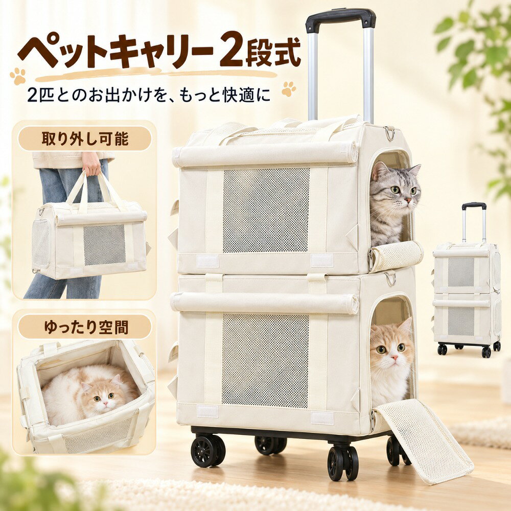 商品情報商品名分離式2段ペットキャリーカートカラーアイボリー対応ペット猫・小型犬など使用方法ペットの数や用途に合わせて、バッグ単体・1段カート・上下2段カートとして使用できます。分離式設計上段と下段のキャリーバッグは取り外し可能。1匹でのお出かけには1段、2匹一緒の移動には上下2段として使い分けられます。独立スペース上下それぞれが独立した空間になっているため、2匹を別々のスペースに入れて移動できます。3WAY仕様手提げ・肩掛け・カートの3通りで使用可能。移動距離やシーンに合わせて持ち方を選べます。通気性正面と側面にメッシュ窓を配置。空気が通りやすく、外からペットの様子を確認できます。開口部上部とサイドが大きく開き、ペットの出入りや乗せ降ろしがスムーズですキャリーハンドル伸縮式ハンドルを採用。使用する方の身長や移動シーンに合わせて高さを調節できますロールアップカバーメッシュカバーは巻き上げて固定でき、必要に応じて開閉できます。使用シーン動物病院への通院、旅行、帰省、散歩、日常のお出かけ、防災時の移動などに使用できます。バッグ単体サイズ約 幅43×奥行28×高さ28cm2段使用時の高さ約64cmハンドル最大高約96cmサイズ誤差採寸方法により2～3cm程度の誤差が生じる場合があります。耐荷重商品画像では正確な数値を確認できないため、ご購入前に販売ページの仕様をご確認ください。
