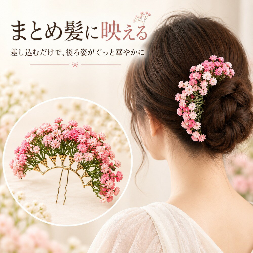 商品情報商品名満天星風 フラワーかんざしカラーピンク / レッド / ミックスデザイン半月型のフレームに小花をたっぷりあしらった華やかなフラワーデザイン。まとめ髪に沿うように自然に飾れます。花モチーフかすみ草を思わせる繊細な小花を組み合わせ、やさしく上品な雰囲気に仕上げています。フレームゴールドカラーのアーチ型フレームに複数の花枝を配置した立体的なデザインです。ピン部分中央にU字型のダブルピンを採用。まとめ髪やシニヨンに差し込んで使用できます着用イメージ髪をまとめた後に差し込むだけで、後ろ姿や横顔を華やかに演出できます。おすすめヘアスタイルシニヨン、低めお団子、編み込み、まとめ髪、和装ヘアなどおすすめシーン成人式、卒業式、結婚式、浴衣、着物、写真撮影、パーティー、イベントなどテイストフェミニン / ナチュラル / 森系 / 新中華風 / レトロ / 上品使用方法まとめ髪を整えた後、U字ピン部分を髪に差し込み、花の向きや位置を調整してご使用ください。ご注意立体的な花飾りのため、強く押したり引っ張ったりすると変形する場合があります。保管時は圧迫を避けてください。
