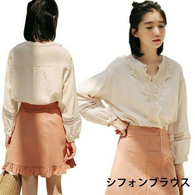 シフォンブラウス レディース ブラウス レース付き 透かしレース 長袖 フリンジ付き Vネック 薄手 ゆったり シャツブラウス トップス お洒落 キレイめ