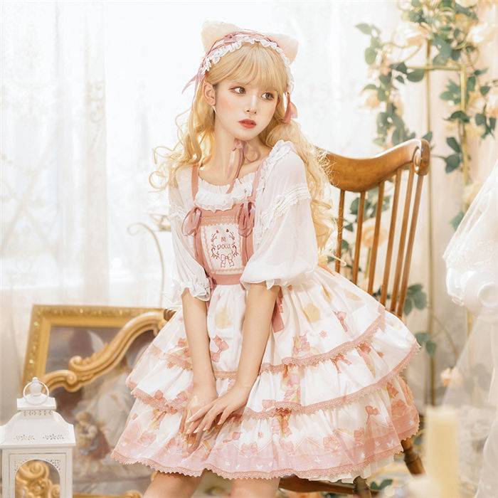 Rakuten - Lolitaワンピース レディース セットアップ ノースリーブ 少女 お姫様 インナー フリル襟 レース 蝶結び付き エプロン 膝丈スカー ロリータ風 夢かわいい 通学 通勤 茶会 学園祭 ドレス 日常 イベント 忘年会 文化会