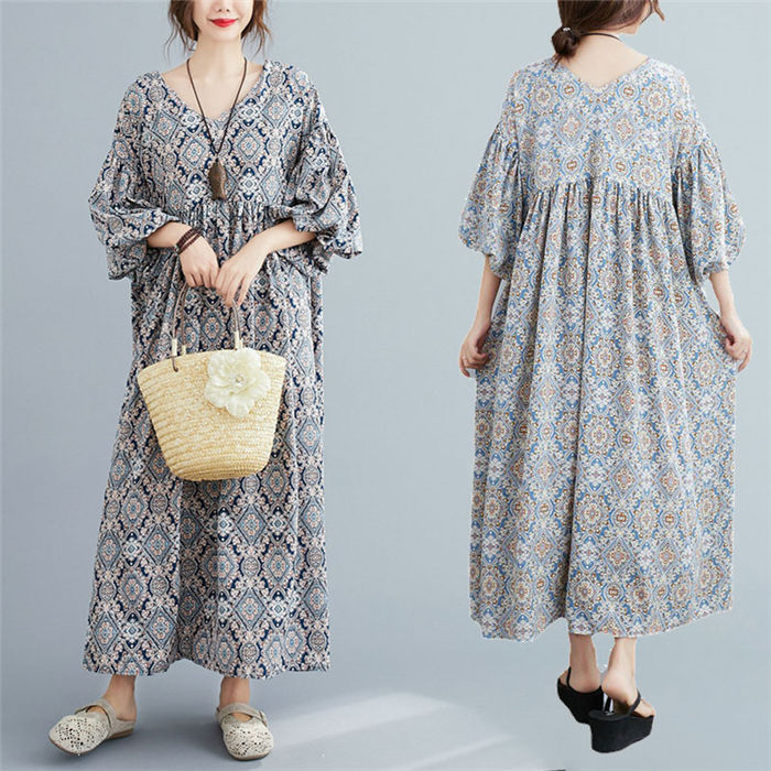 Rakuten - ワンピース レディース 春夏 マキシワンピース 20代30代40代 大きいサイズ 五分袖 ワンピース Aラインワンピース ゆったり マキシワンピ 通勤 OL 着痩せ 送料無料