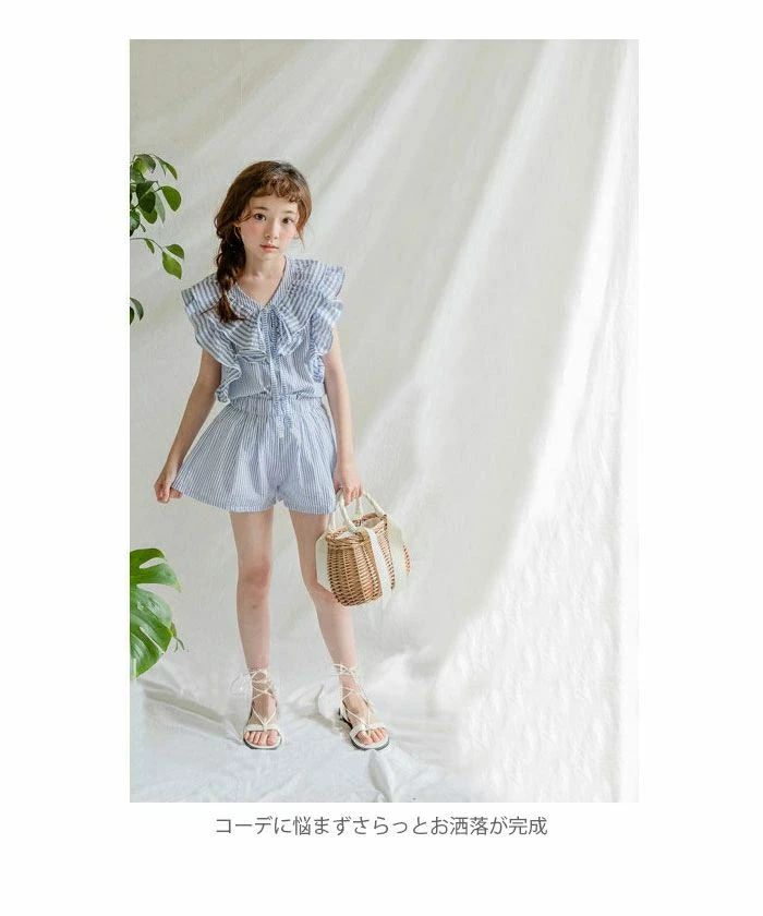 【送料無料】セットアップ 子供服 カジュアルセット ノースリーブ ショートパンツ ストライプ柄 フリル ゆったり ウエストゴム 薄手 爽やか お洒落 カジュアル 女の子 女児 ガールズ 夏物 夏新作