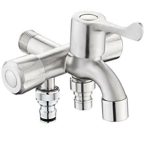 3分岐蛇口 ステンレス製洗濯機用水栓 三股蛇口 3分岐止水栓 標準G1/2接続ホース付き 三口横水栓 表面処..