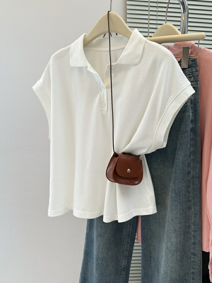 Rakuten - ラグランスリーブ 半袖 T シャツ レディース ポロシャツ 無地 韓国風 夏新作 ゆったり ショート丈 ポロ襟 トップス