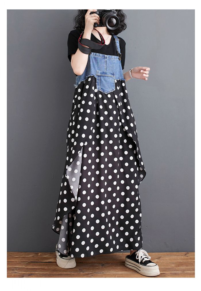 ジャンパースカートレディース 夏 サロペット スカート ドット柄 水玉 デニム切替 キャミワンピース ロング丈 フレアワンピ ゆったり カジュアル 体型カバー 大きいサイズ レイヤード 重ね着 着?せ 大人可愛い 森 韓国服