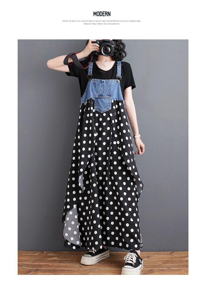 ジャンパースカートレディース 夏 サロペット スカート ドット柄 水玉 デニム切替 キャミワンピース ロング丈 フレアワンピ ゆったり カジュアル 体型カバー 大きいサイズ レイヤード 重ね着 着?せ 大人可愛い 森 韓国服