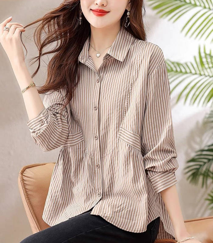 Rakuten - レディース ブラウス 着痩せ 体型カバー トップス ストライプ 長袖 シャツ オフィス フォーマル 制服 レギュラー きれいめ 春 M L XL 2XL 3XL