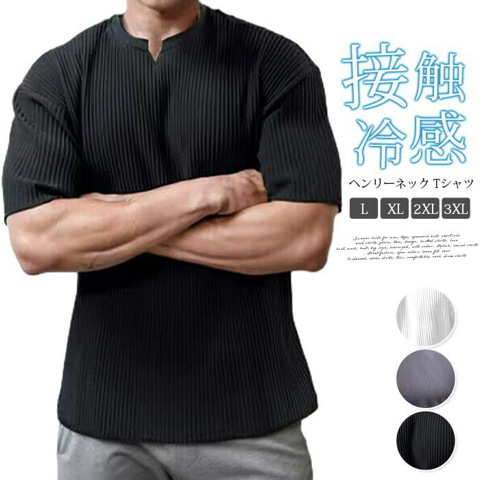 乐天商城 - 接触冷感 tシャツ ヘンリーネック メンズ 夏 半袖 リブ Vネック カットソー アイスシルク トップス シンプル 無地 カジュアル かっこいい おしゃれ きれいめ ファッション