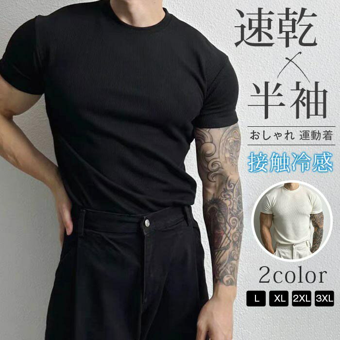 Rakuten - tシャツ 接触冷感 アイスシルク カットソー メンズ 夏 リブ 半袖tシャツ 弾力性 ストレッチ性 速乾 半袖 クルーネック トップス シンプル 無地 カジュアル かっこいい おしゃれ きれいめ 運動着 スポーツ 筋トレ トレーニング ファッション