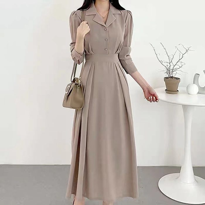樂天商城 - ワンピース レディース vネック Aライン 結婚式 無地 ロングワンピース オフィス 春秋 上品 大人 着瘦せ フォーマル きれいめ オシャレ ファッション エレガント 韓国風 セレモニー 通勤 デート 二次会 春ワンピース 長袖 入園式 卒園式 入学式 卒業式
