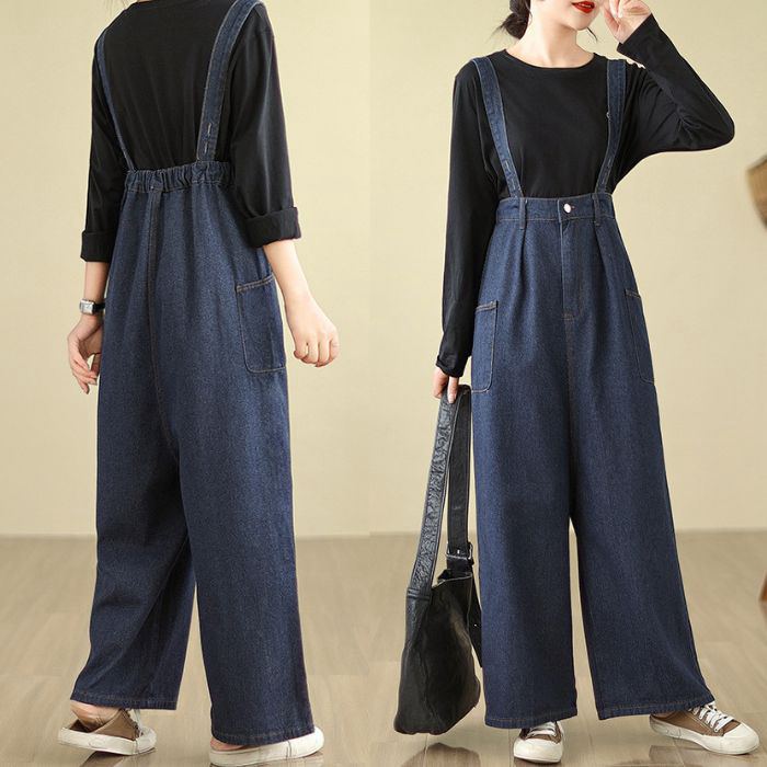 Rakuten - サロペット デニム レディース デニムサロペ パンツ デニムパンツ サロペット ロング丈 サロペ ゆったり サスペンダー ワイド ワイドパンツ ボトムス オーバーオール ストレートパンツ ストレートデニム 体型カバー 大きいサイズ ジーンズ ジーパン
