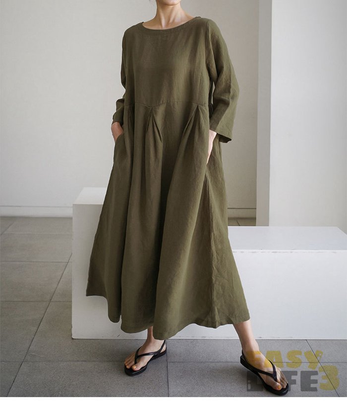 ワンピース 春 夏 レディース 綿麻風 マキシ丈 ロング丈 無地 七分袖 ロングワンピース マキシワンピース ワンピ ゆったり 体型カバー きれいめ カジュアル オフィス コットンリネン おしゃれ シンプル 可愛い 大きい裾幅 通勤 通学 丸首 プルオーバー OL 日常